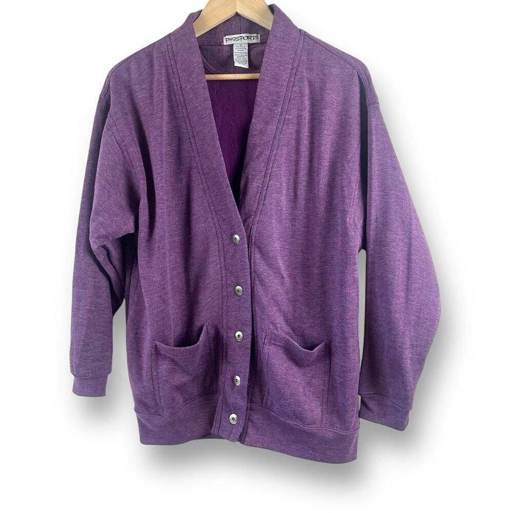 Passports Womens M Button Down Cardigan Sweater Purple Eclectic Grandpacore Fall